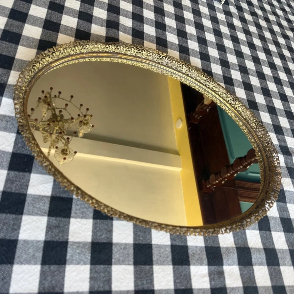 Mirror Vanity Tray Unisex 13.5x9.5 Gold Excellent Vintage Filigree Mirrored
